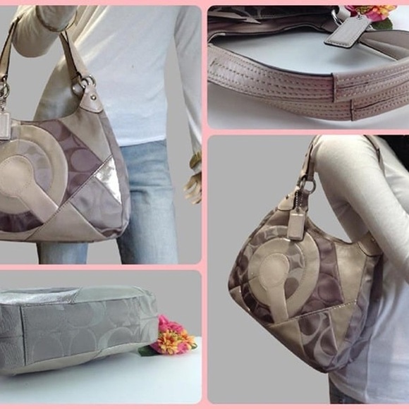 🐂 Coach Signature 16327 Mia Maggie Inlaid C Hobo Patchwork Leather Pink/Tan - Picture 3 of 16